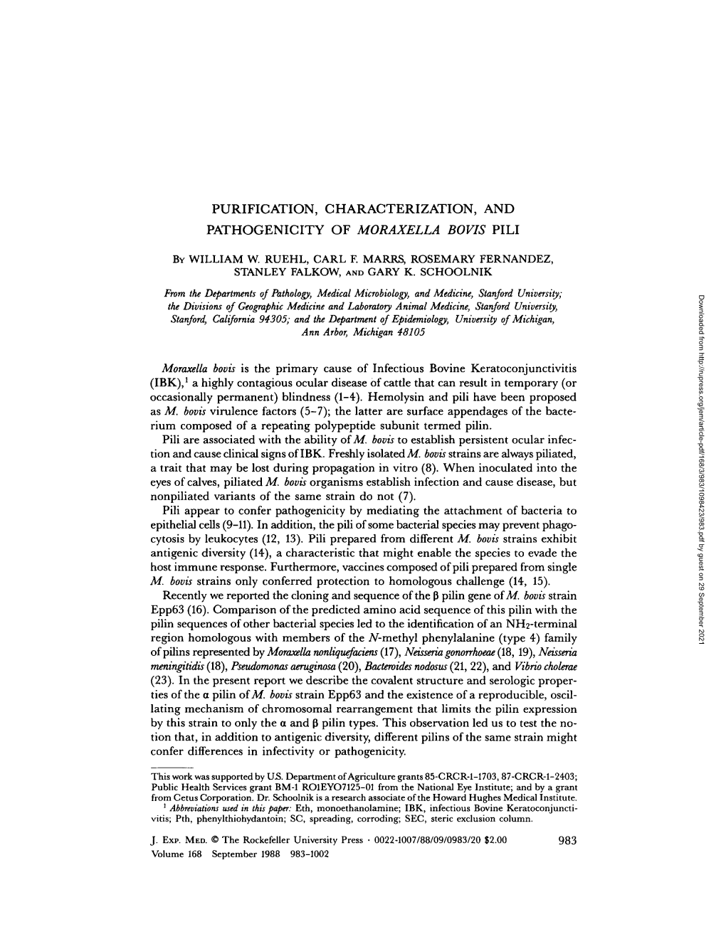 PATHOGENICITY of MORAXELLA BOVIS PILI Ofpilins Represented by Moraxella Nonliquefaciens