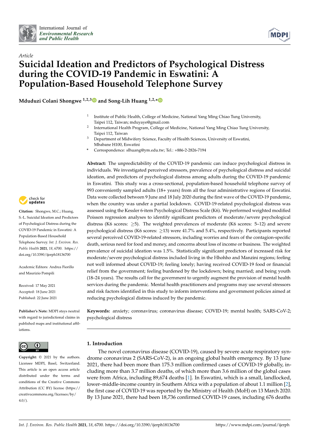 Suicidal Ideation and Predictors of Psychological Distress During the COVID-19 Pandemic in Eswatini: a Population-Based Household Telephone Survey