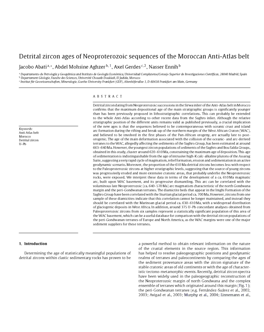 Detrital Zircon Ages of Neoproterozoic Sequences of the Moroccan Anti-Atlas Belt