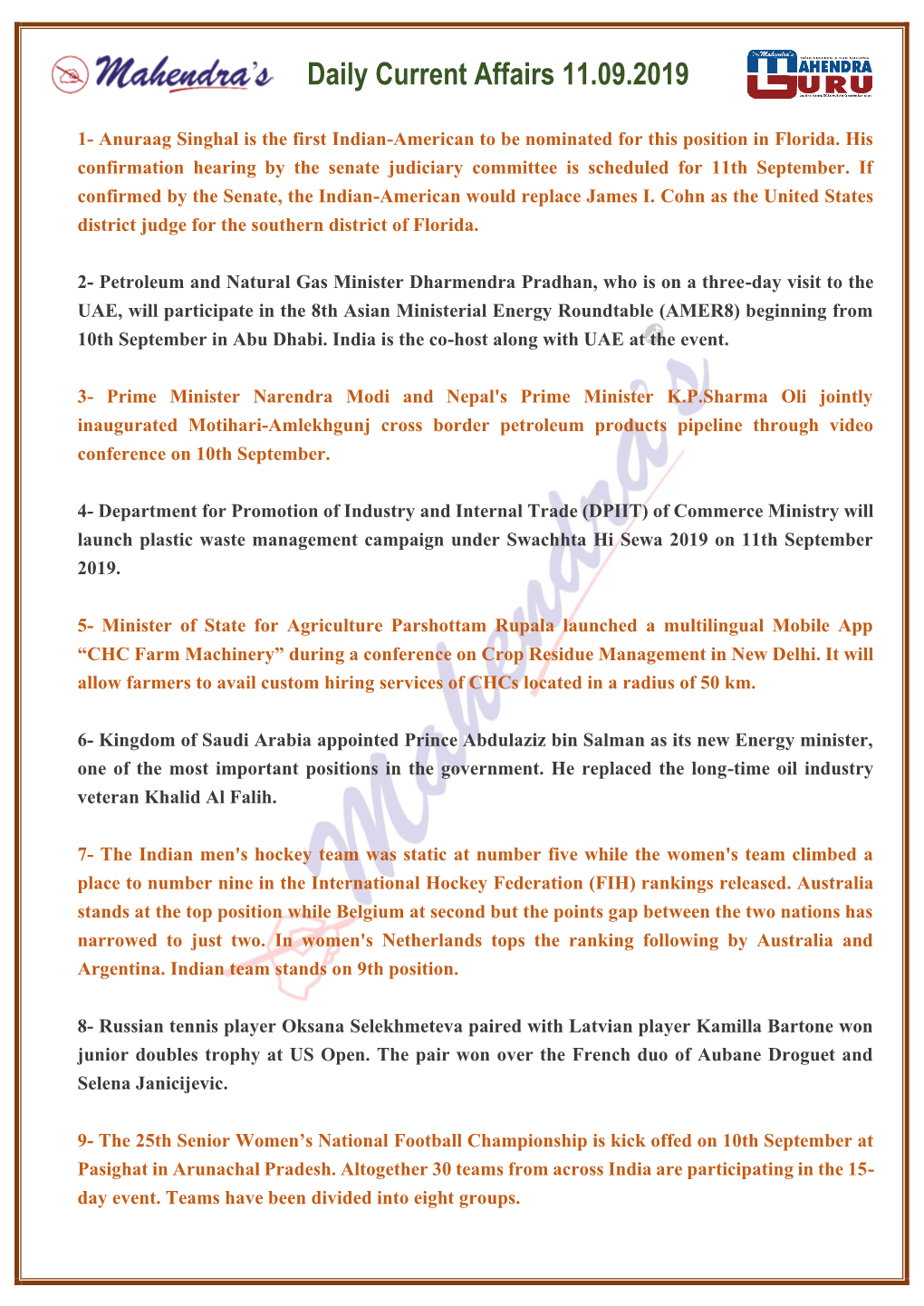 Daily Current Affairs 11.09.2019