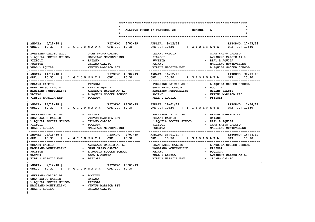 Allievi Under 17 Provinc.-Aq- Girone: a * * * ************************************************************************