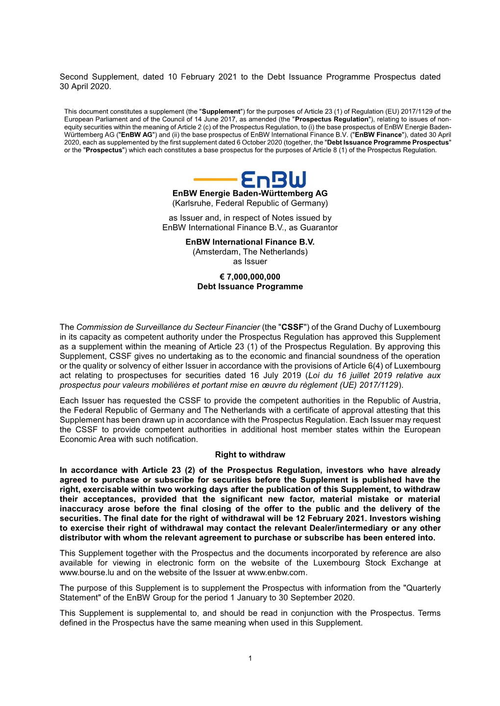 Second Supplement, Dated 10 February 2021 to the Debt Issuance Programme Prospectus Dated 30 April 2020. Enbw Energie Baden-Wür