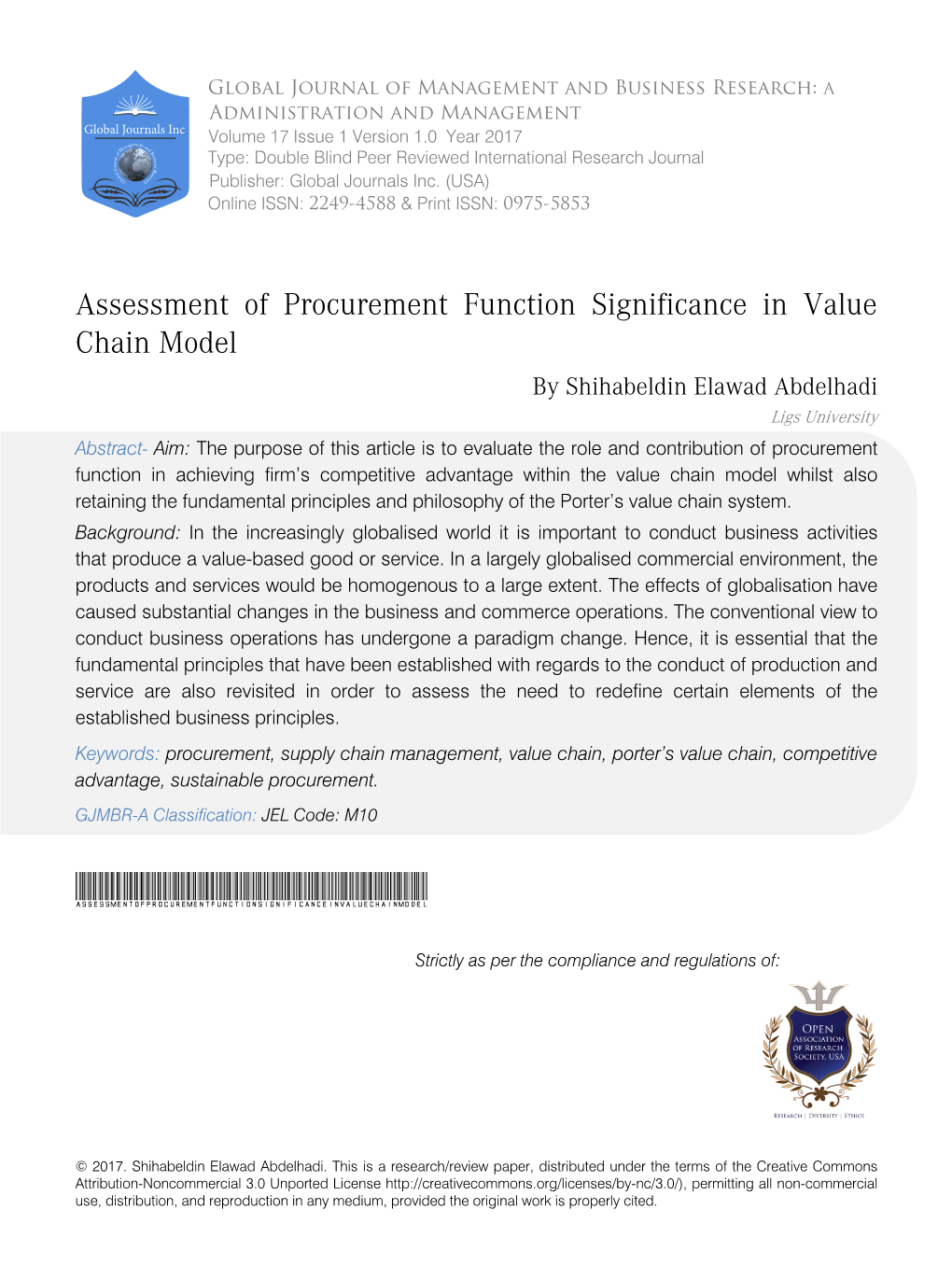 Assessment of Procurement Function Significance in Value Chain Model