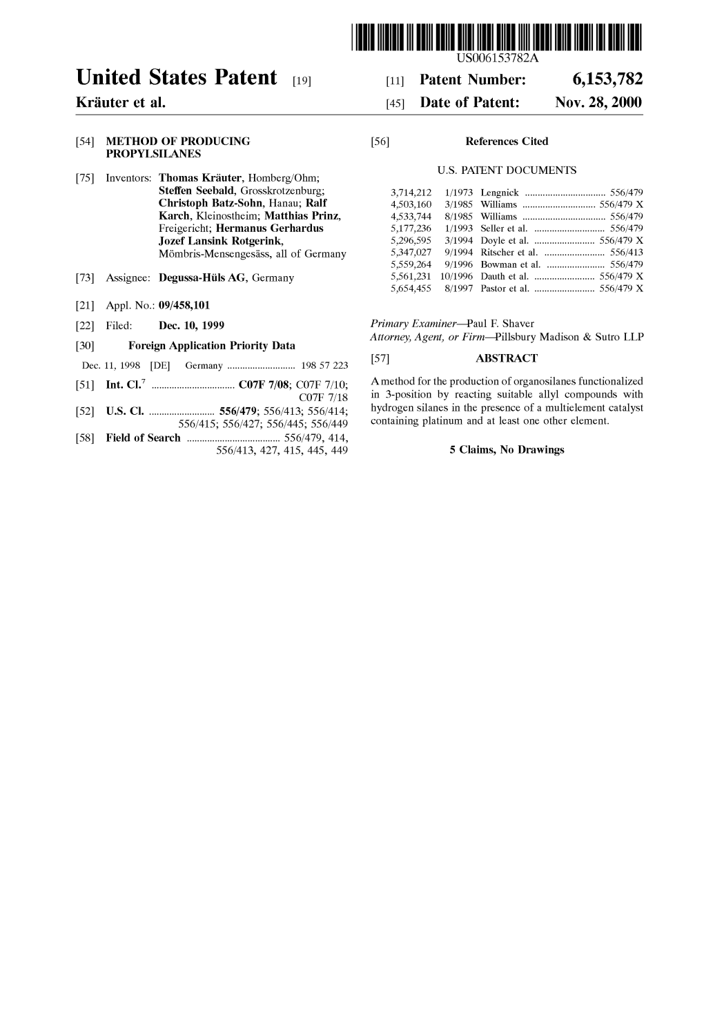 United States Patent (19) 11 Patent Number: 6,153,782 Kräuter Et Al