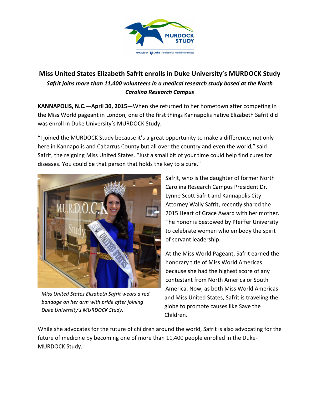 Miss United States Elizabeth Safrit Enrolls in Duke