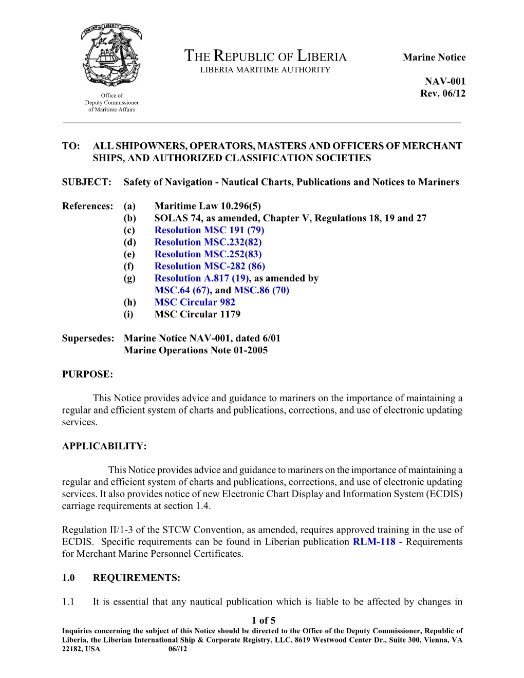 Safety of Navigation - Nautical Charts, Publications and Notices to Mariners