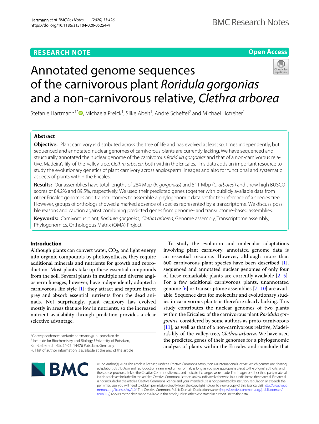 Annotated Genome Sequences of the Carnivorous Plant Roridula