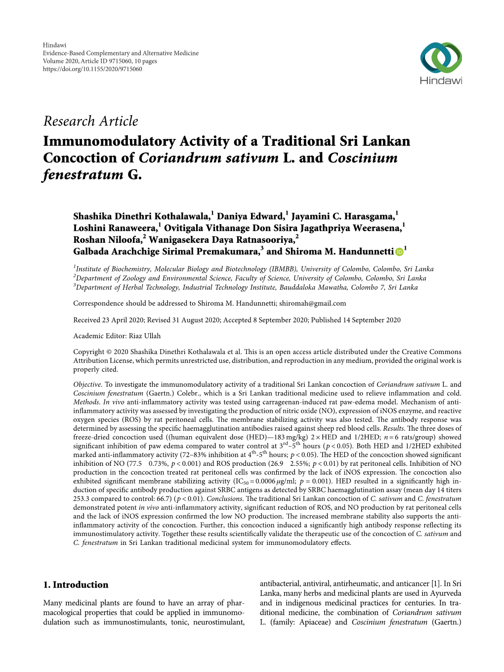 Immunomodulatory Activity of a Traditional Sri Lankan Concoction of Coriandrum Sativum L. and Coscinium Fenestratum G