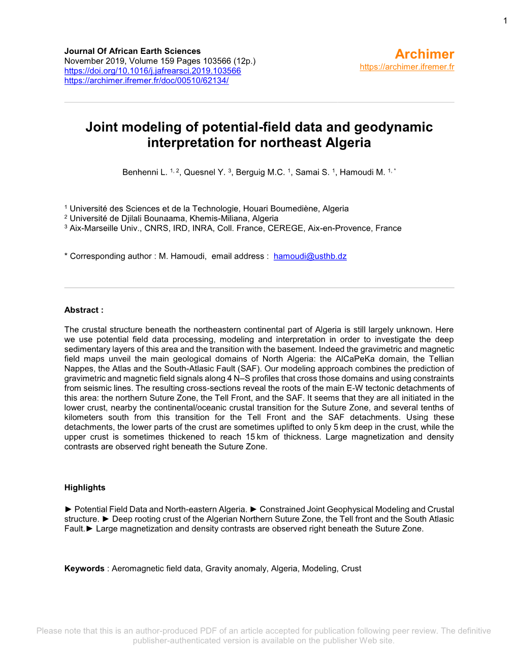 Joint Modeling of Potential-Field Data and Geodynamic Interpretation for Northeast Algeria