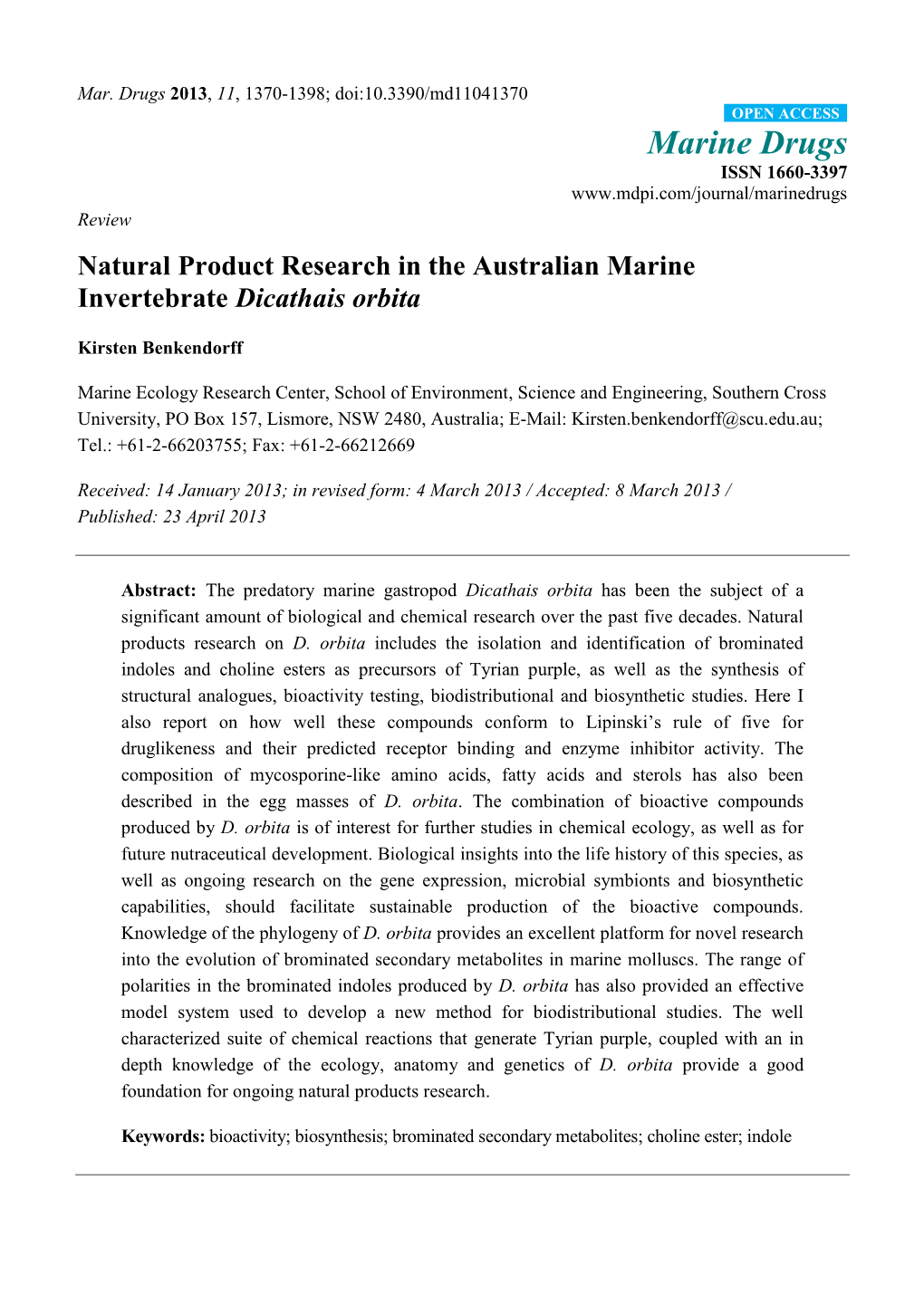 Natural Product Research in the Australian Marine Invertebrate Dicathais Orbita
