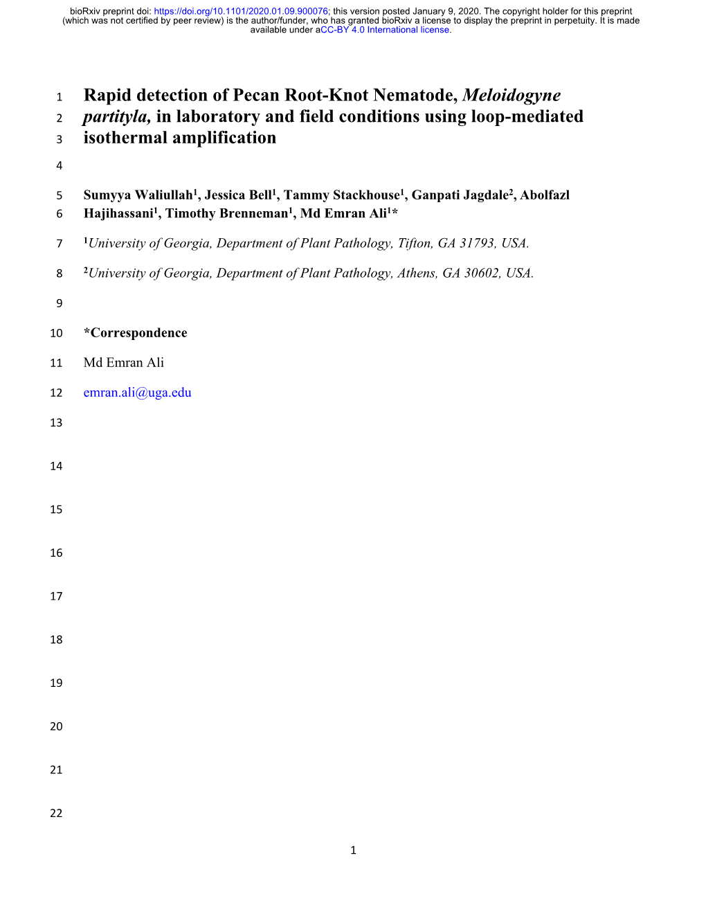 Rapid Detection of Pecan Root-Knot Nematode, Meloidogyne Partityla, in Laboratory and Field Conditions Using Loop-Mediated Isoth