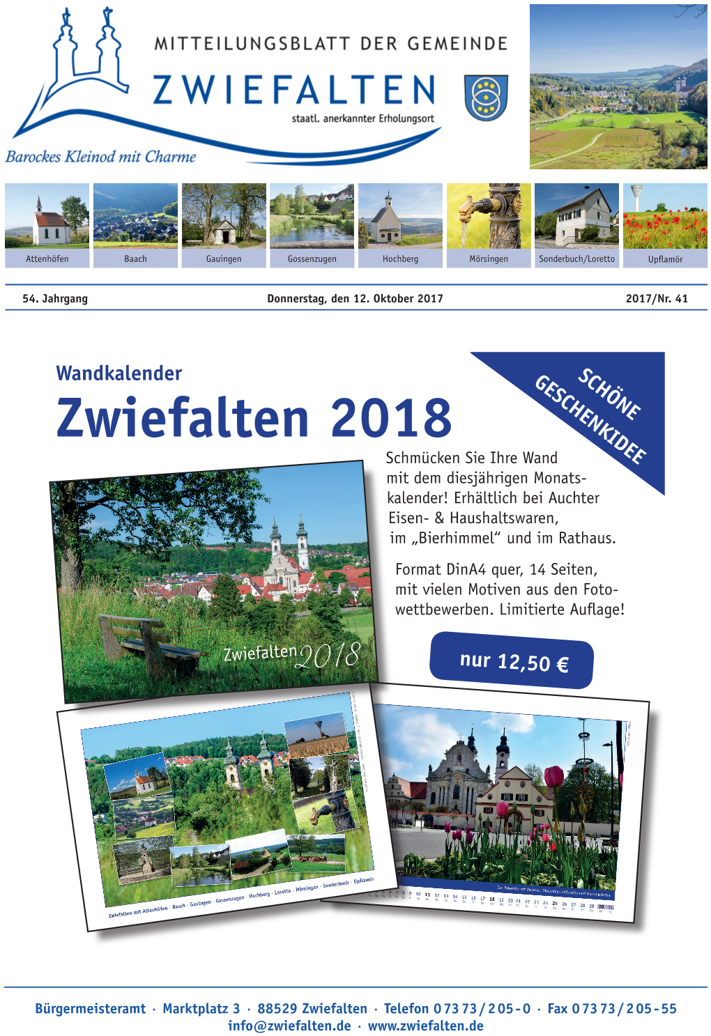 Zwiefalten 2018 Schmücken Sie Ihre Wand Mit Dem Diesjährigen Monats- Kalender! Erhältlich Bei Auchter Eisen- & Haushaltswaren, Im „Bierhimmel“ Und Im Rathaus