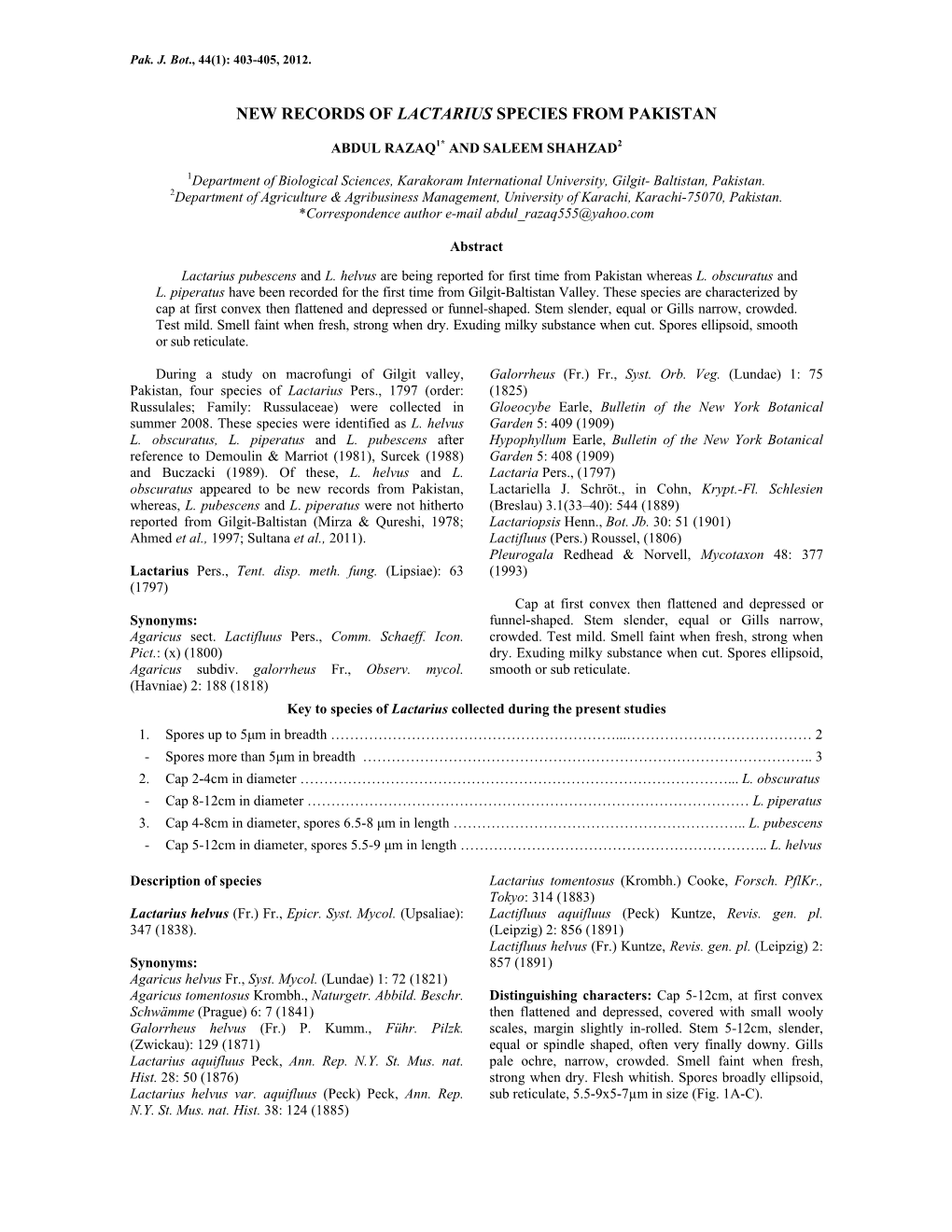 New Records of Lactarius Species from Pakistan