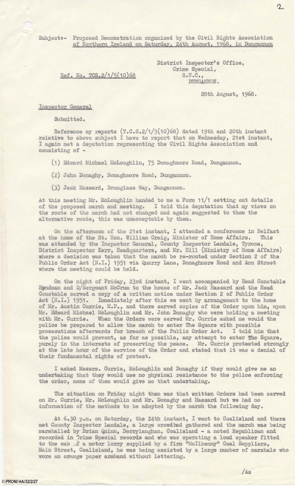 'Proposed Demonstration ... in Dungannon', (28 August 1968)