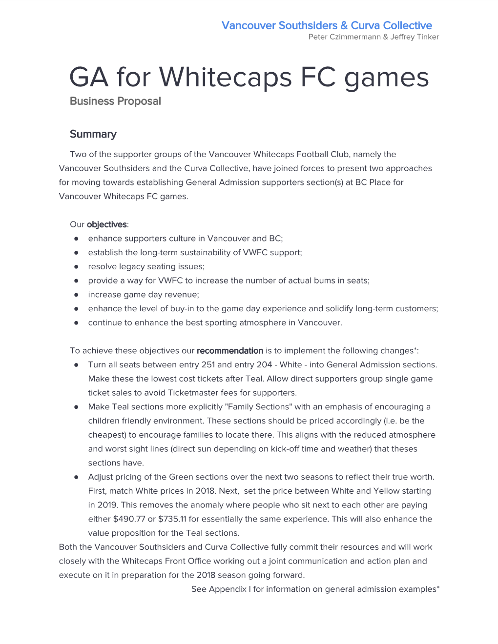 GA for Whitecaps FC Games Business Proposal