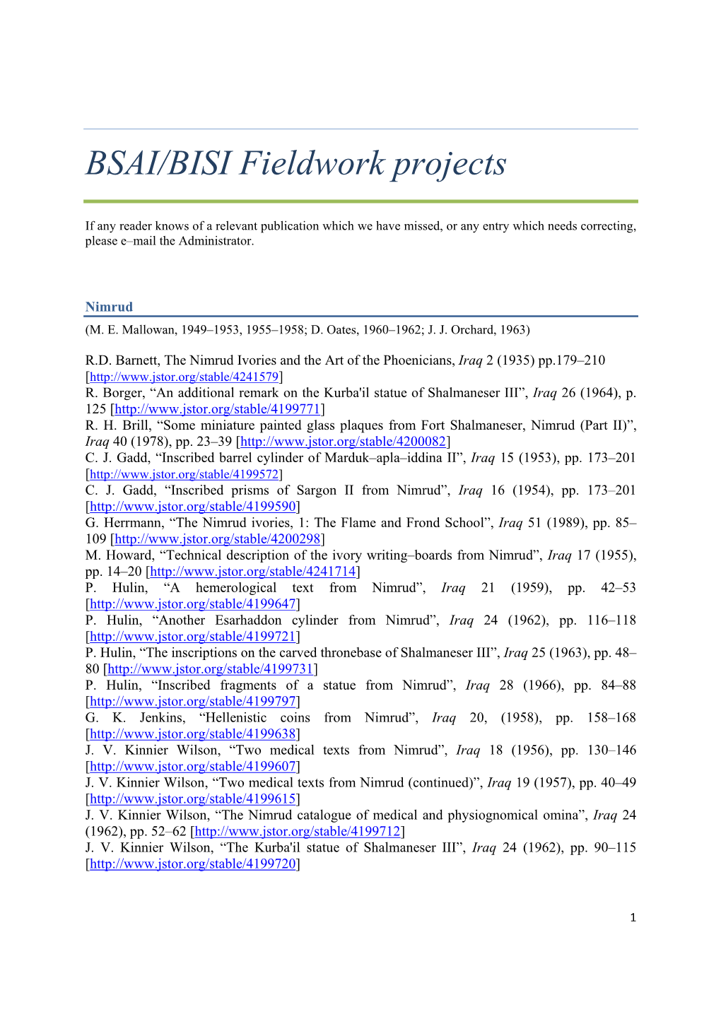 BSAI/BISI Fieldwork Projects