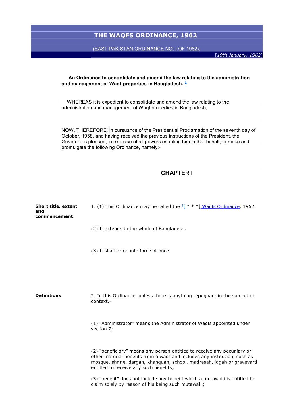 The Waqfs Ordinance, 1962 Chapter I