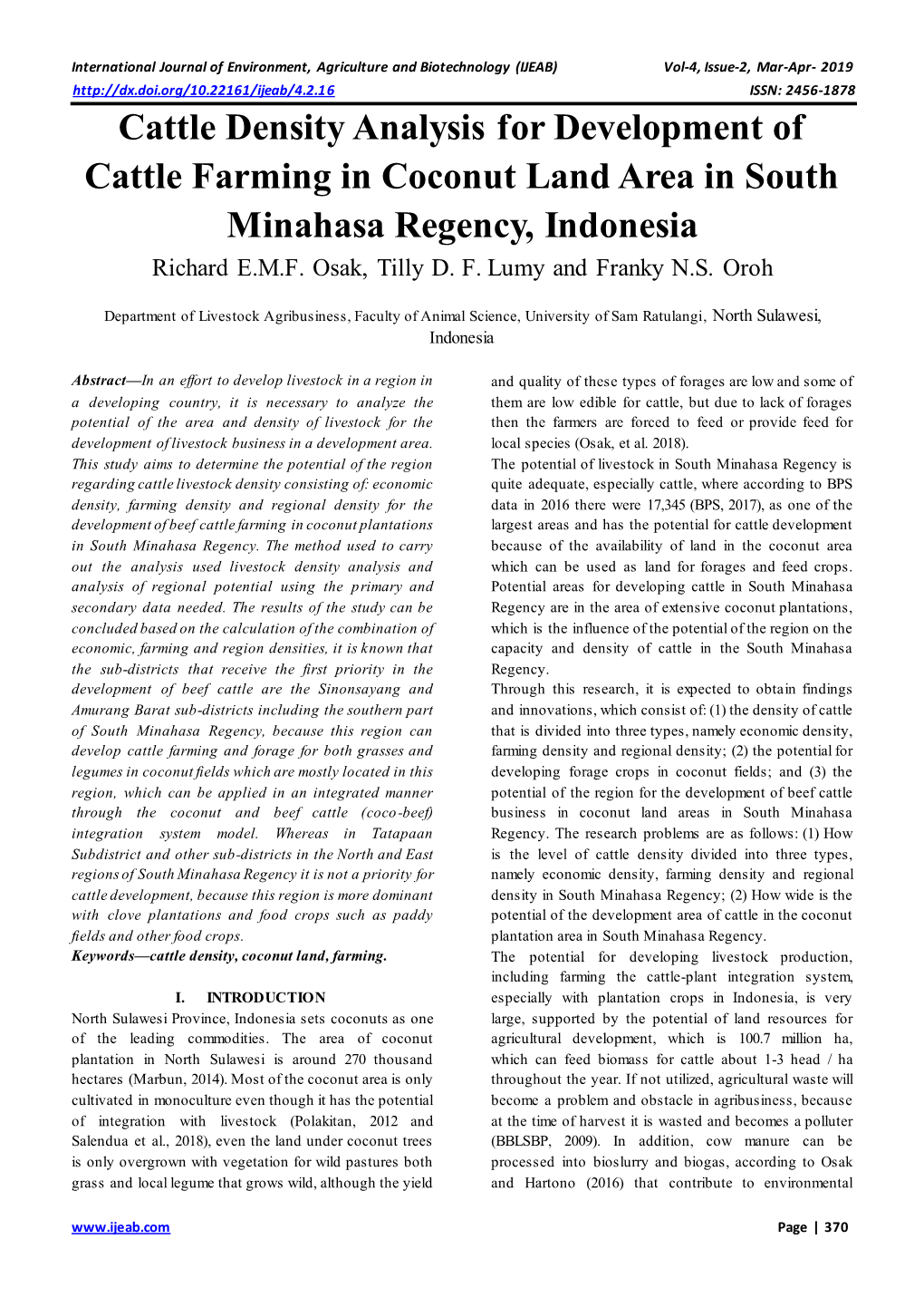 Cattle Density Analysis for Development of Cattle Farming in Coconut Land Area in South Minahasa Regency, Indonesia Richard E.M.F