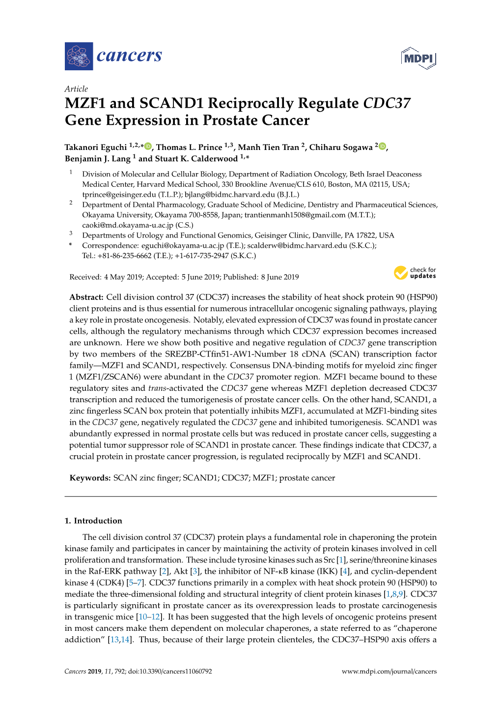 MZF1 and SCAND1 Reciprocally Regulate CDC37 Gene Expression in Prostate Cancer