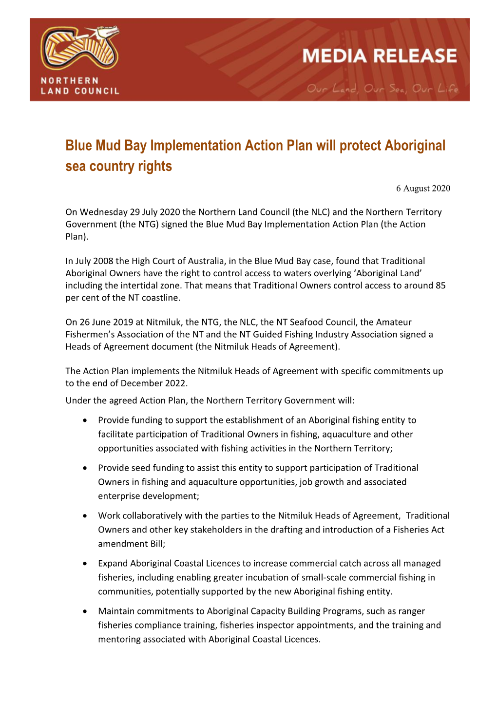 Blue Mud Bay Implementation Action Plan Will Protect Aboriginal Sea Country Rights