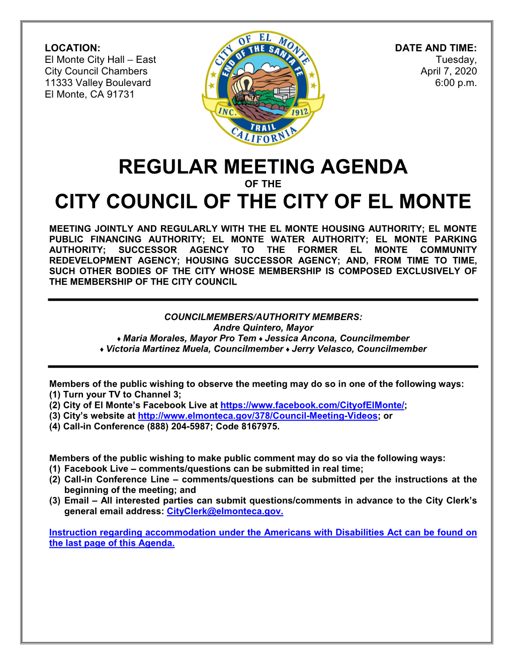 Regular Meeting Agenda of the City Council of the City of El Monte