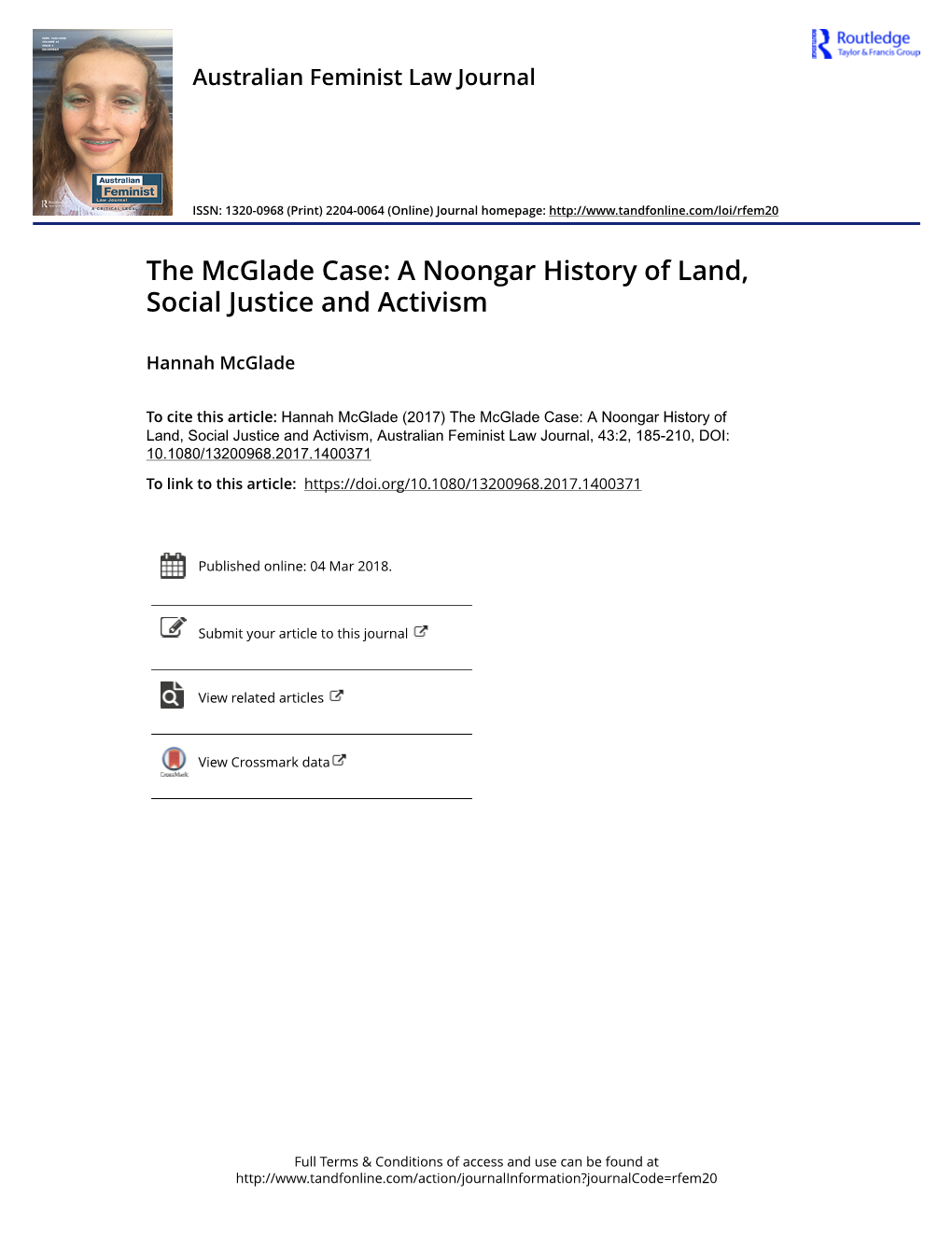 The Mcglade Case: a Noongar History of Land, Social Justice and Activism