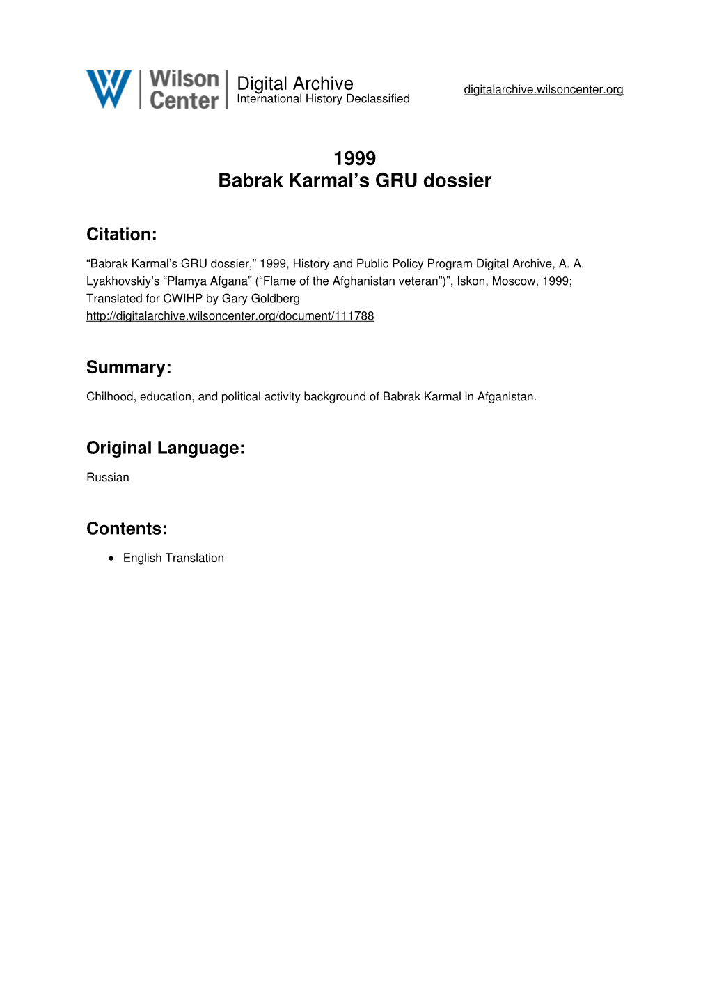 1999 Babrak Karmal's GRU Dossier