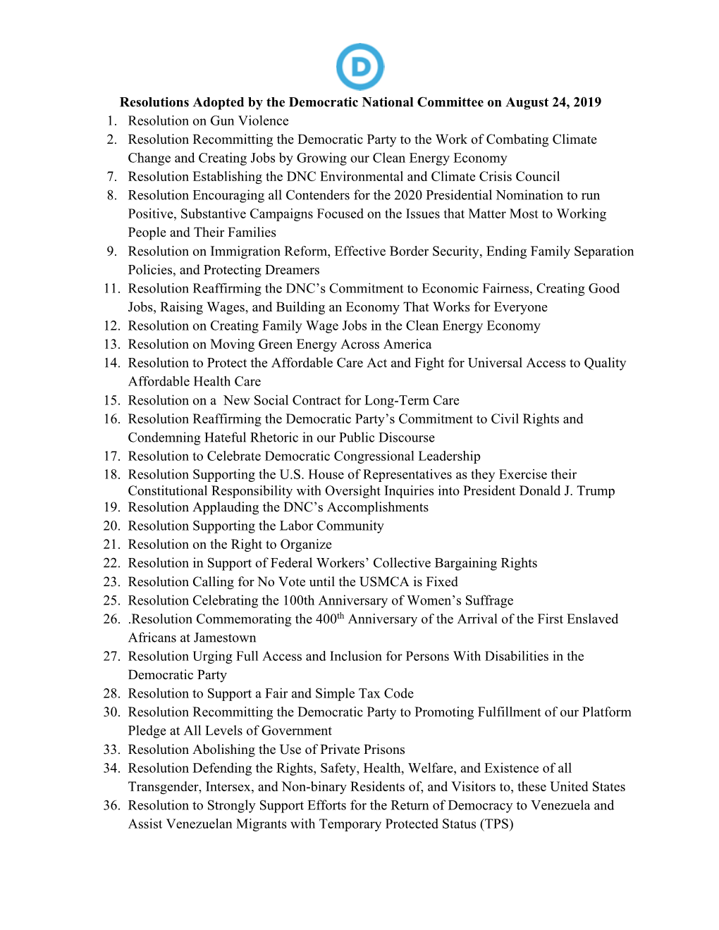 2. Post DNC Meeting Resolutions