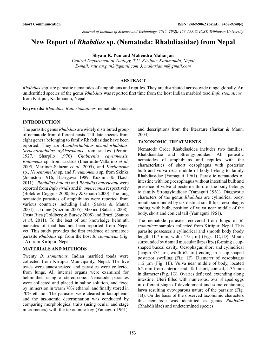 New Report of Rhabdias Sp. (Nematoda: Rhabdiasidae) from Nepal