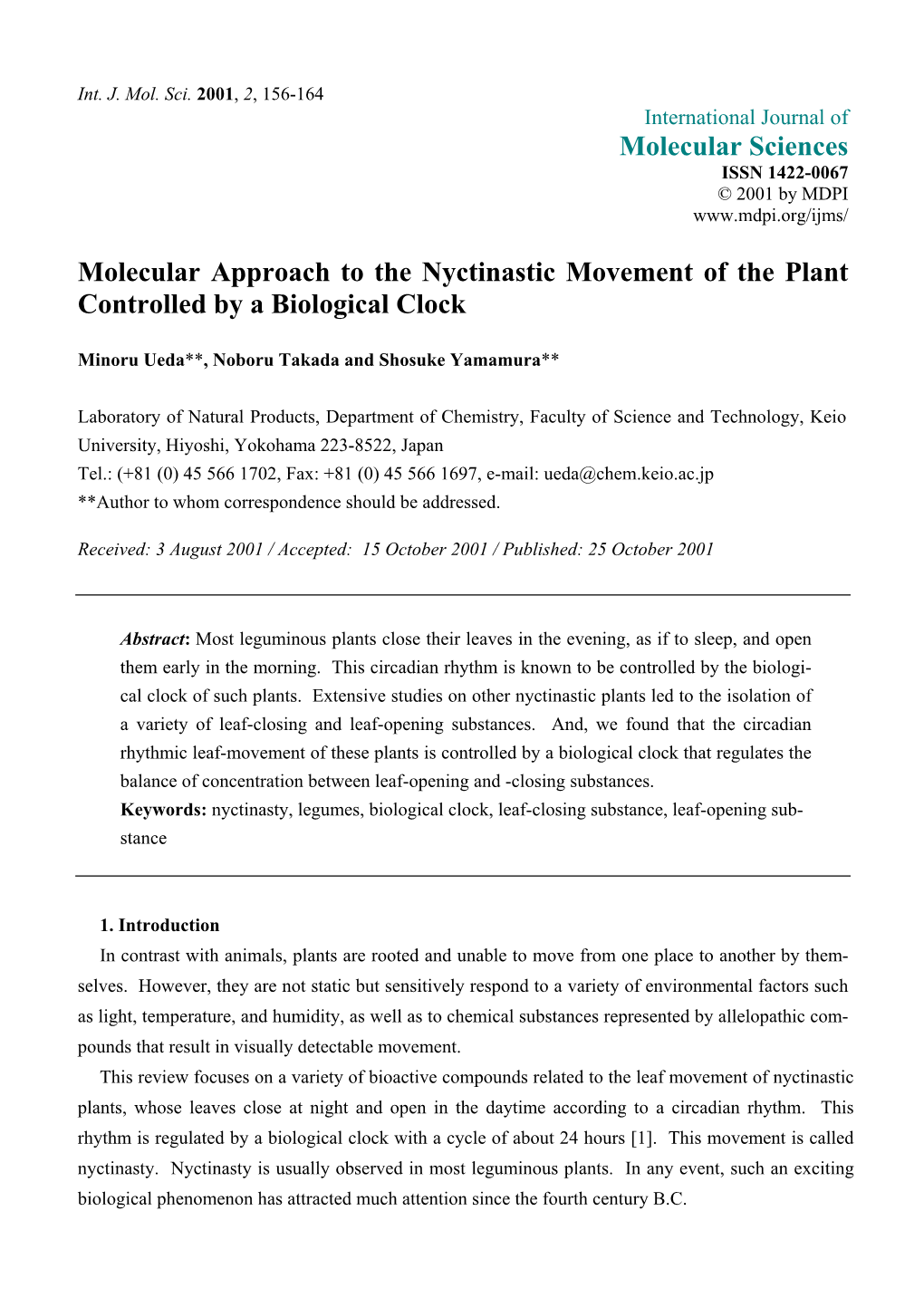 Molecular Approach to the Nyctinastic Movement of the Plant Controlled by a Biological Clock