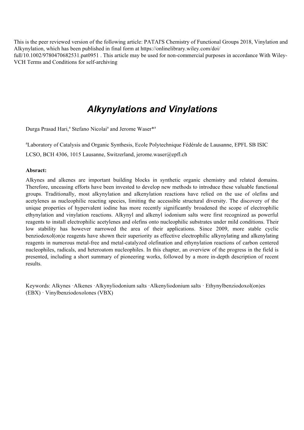Alkynylations and Vinylations
