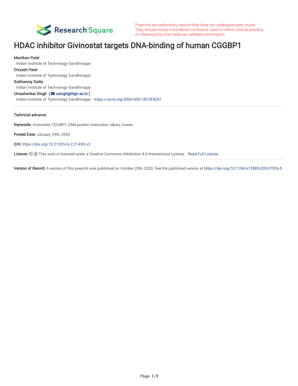 HDAC Inhibitor Givinostat Targets DNA-Binding of Human CGGBP1