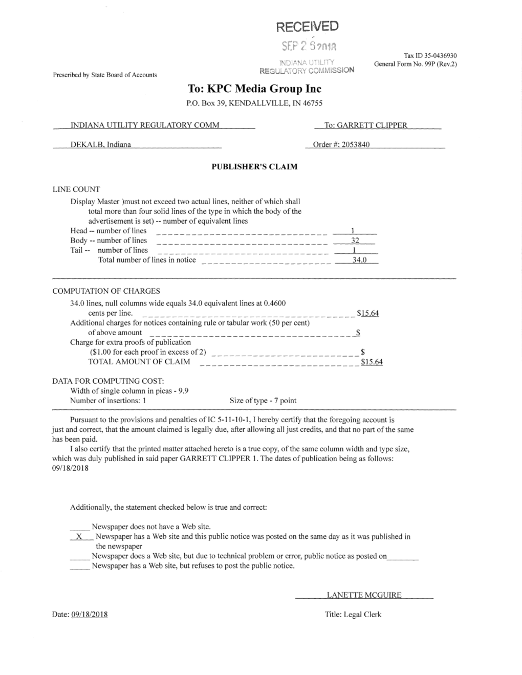 SEP 2 5?N1a Tax ID 35-0436930 INDIANA UTILITY General Form No