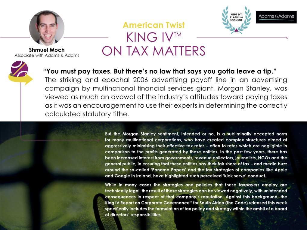 American Twist KING IVTM Shmuel Moch Associate with Adams & Adams on TAX MATTERS