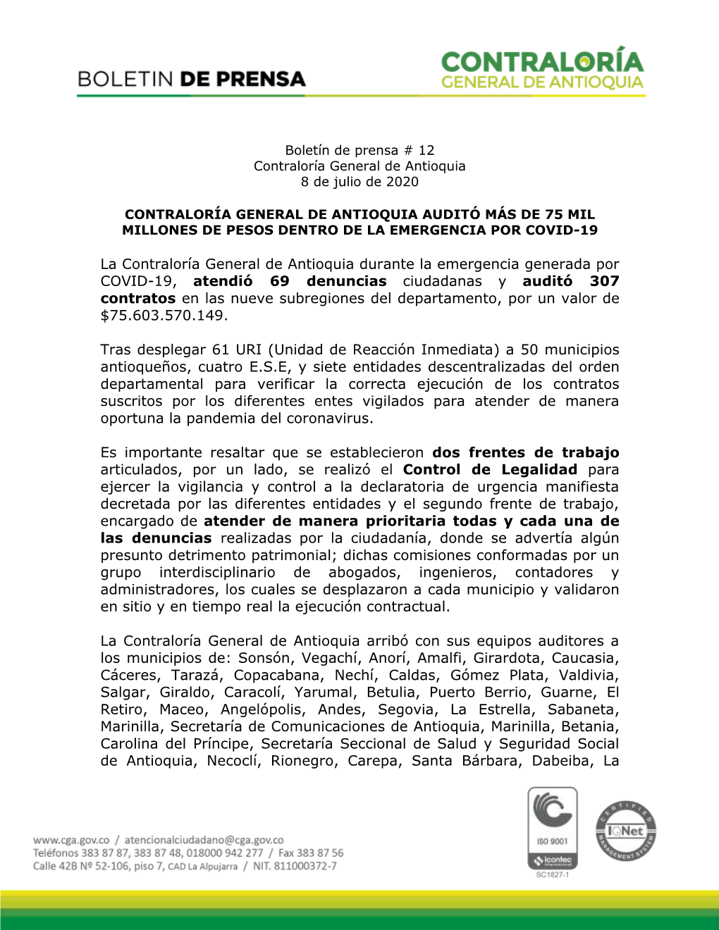 Boletín De Prensa 12 CONTRALORÍA