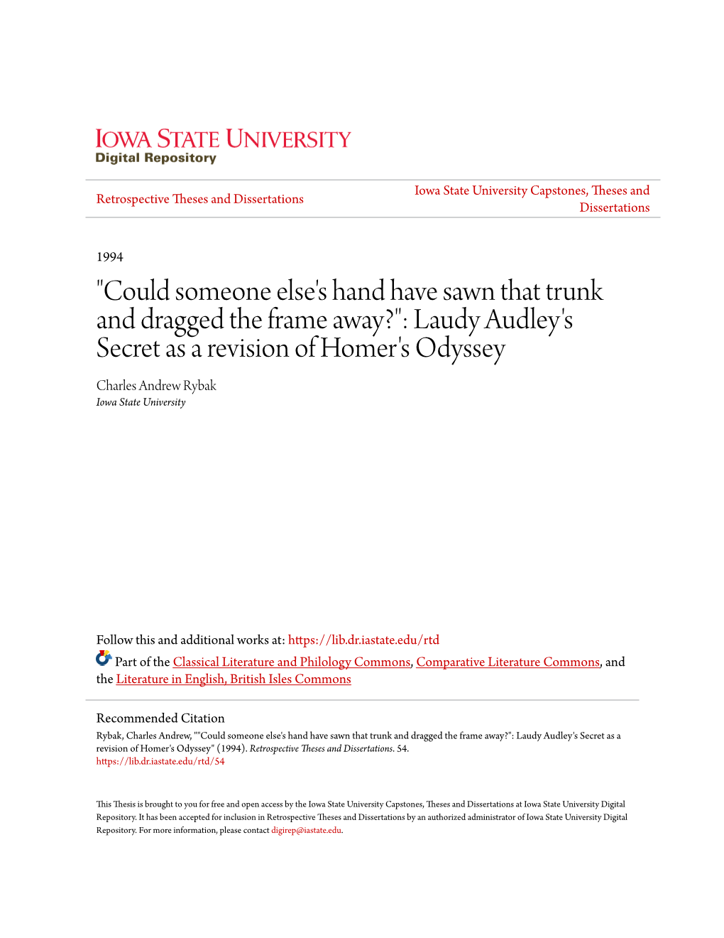 Laudy Audley's Secret As a Revision of Homer's Odyssey Charles Andrew Rybak Iowa State University