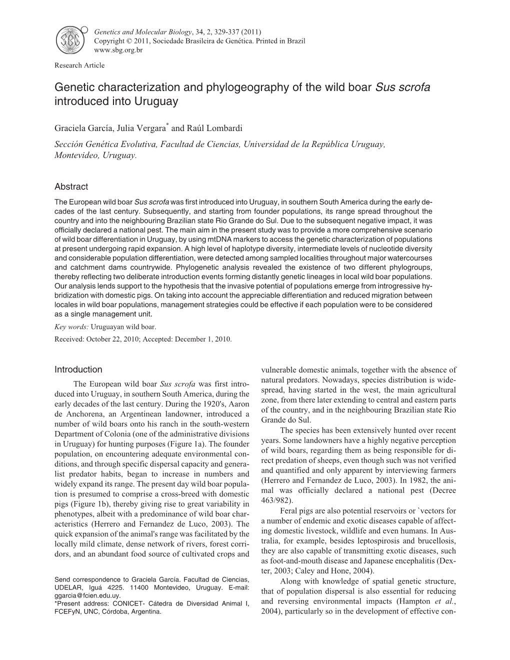 Genetic Characterization and Phylogeography of the Wild Boar Sus Scrofa Introduced Into Uruguay