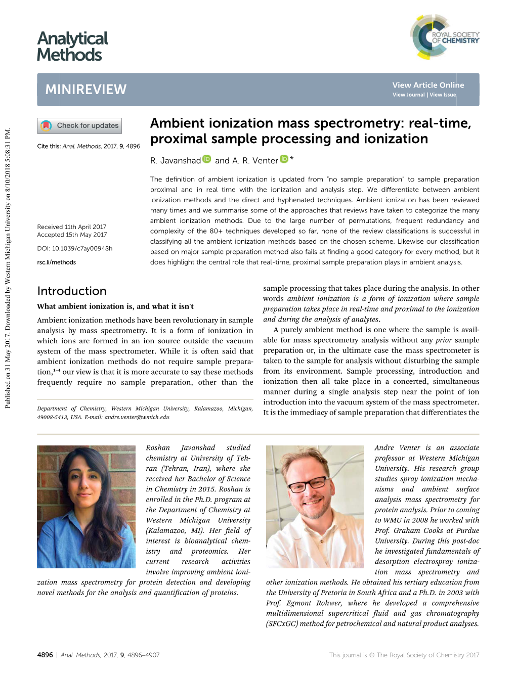 Ambient Ionization Mass Spectrometry: Real-Time, Proximal Sample Processing and Ionization Cite This: Anal