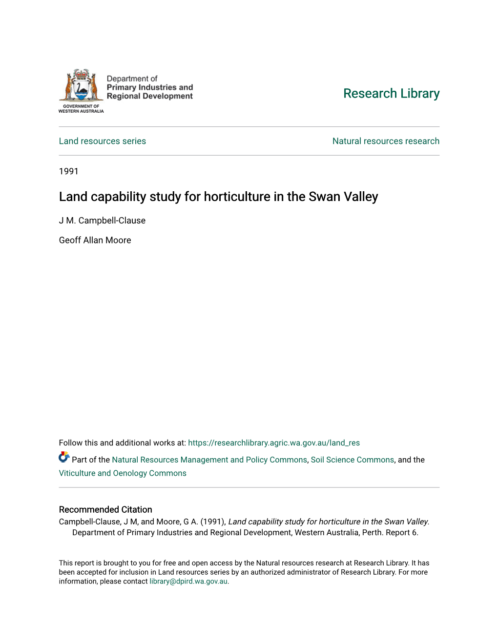 Land Capability Study for Horticulture in the Swan Valley