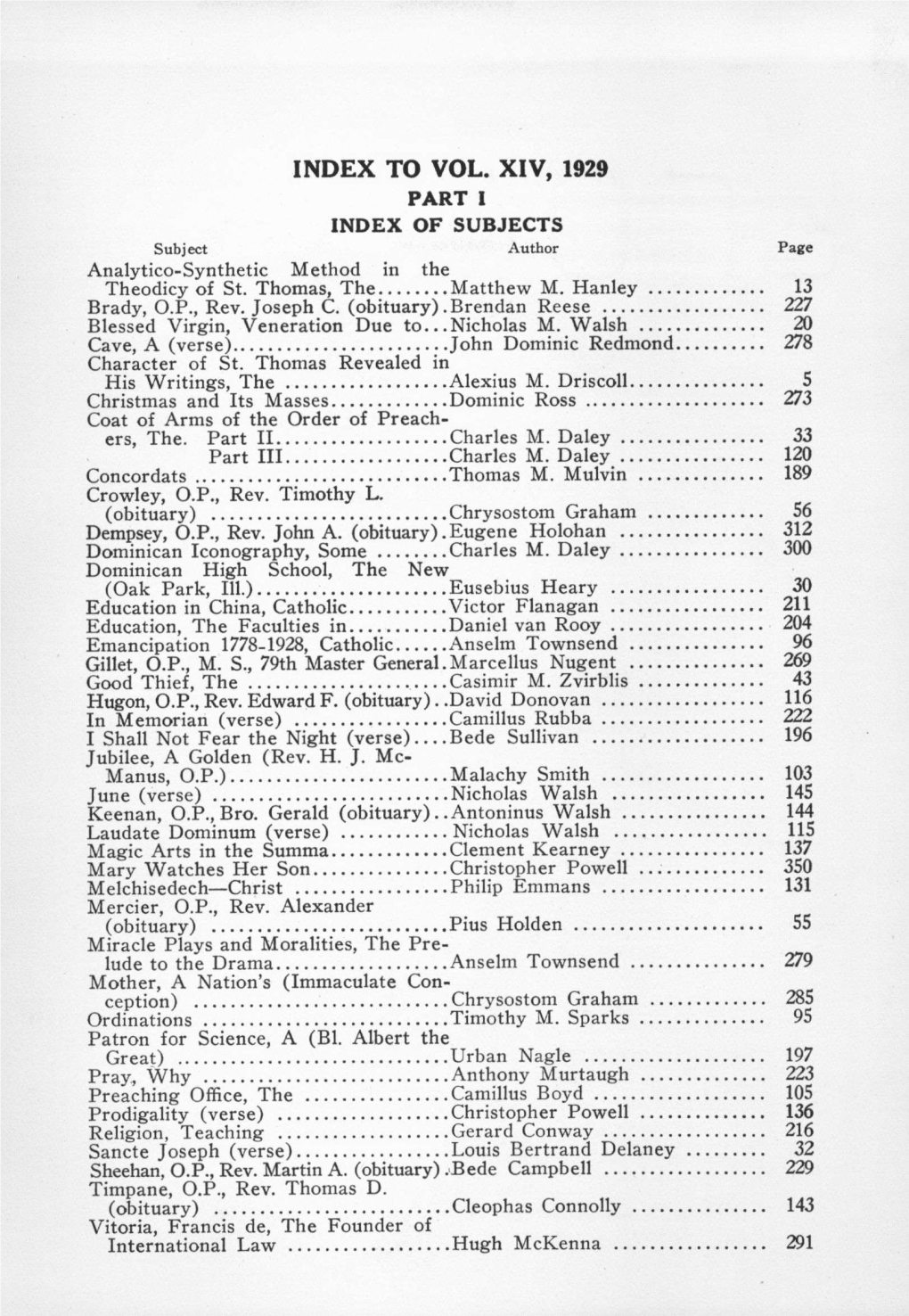 TO VOL. XIV, 1929 PART I INDEX of SUBJECTS Subject Author Page Analytico-Synthetic Method in the Theodicy of St