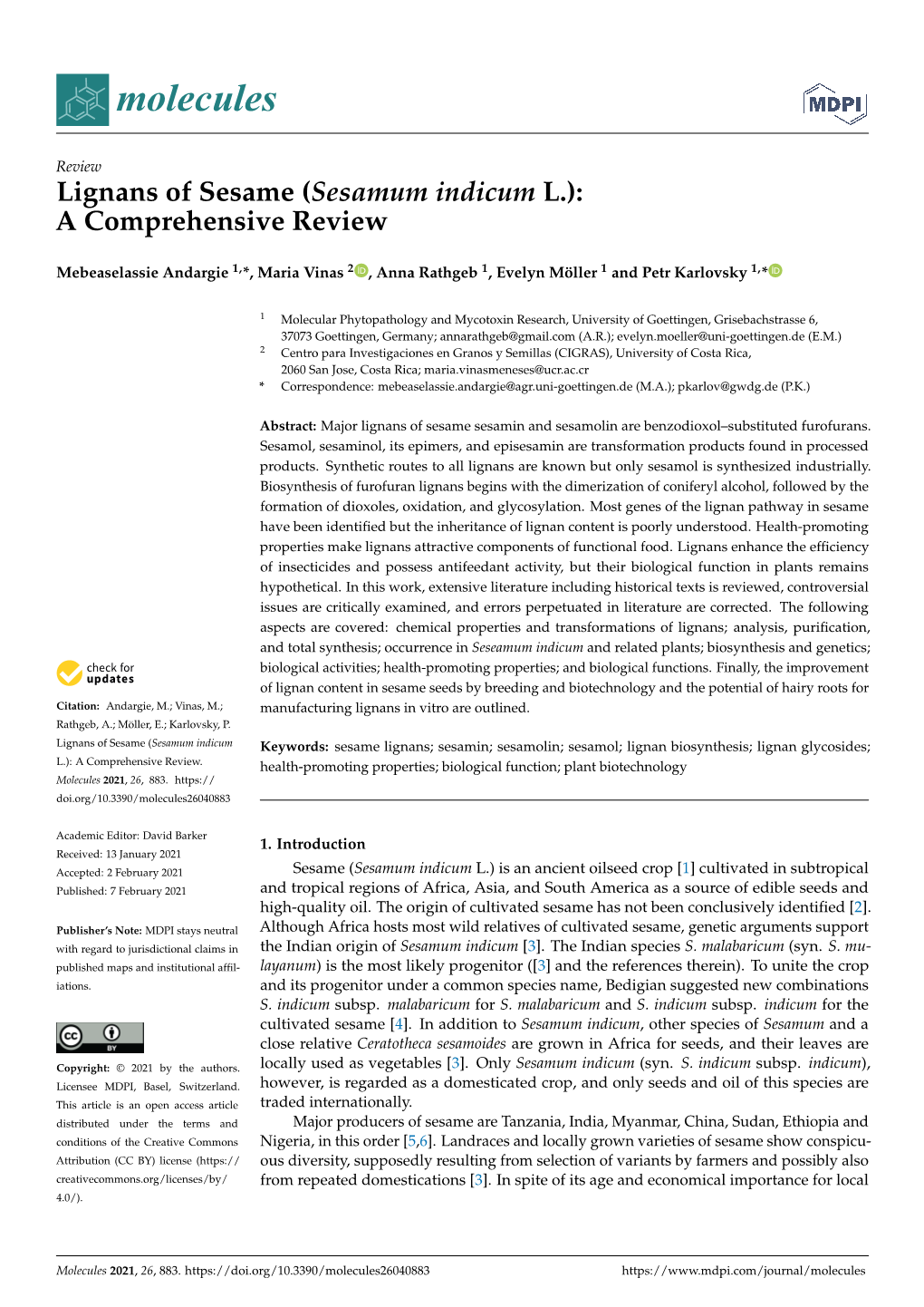 Lignans of Sesame (Sesamum Indicum L.):A Comprehensive Review