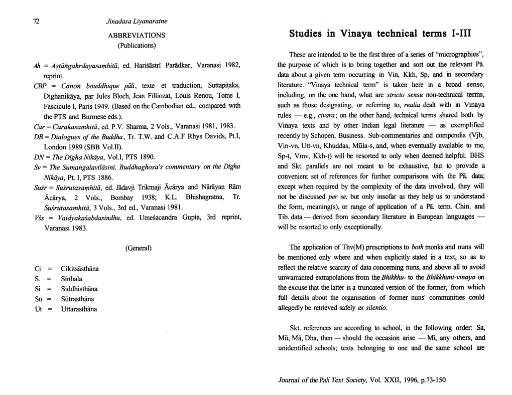 Studies in Vinaya Technical Terms I-III (Publications) These Are Intended to Be the First Three of a Series of “Micrographies”, Ah = Astangahrdayasamhita, Ed