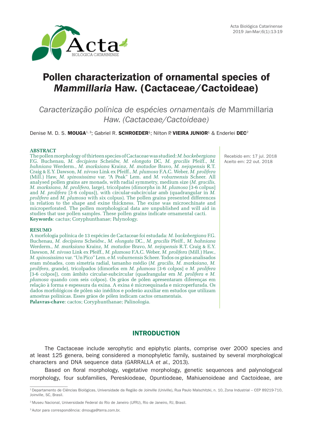 Pollen Characterization of Ornamental Species of Mammillaria Haw. (Cactaceae/Cactoideae)
