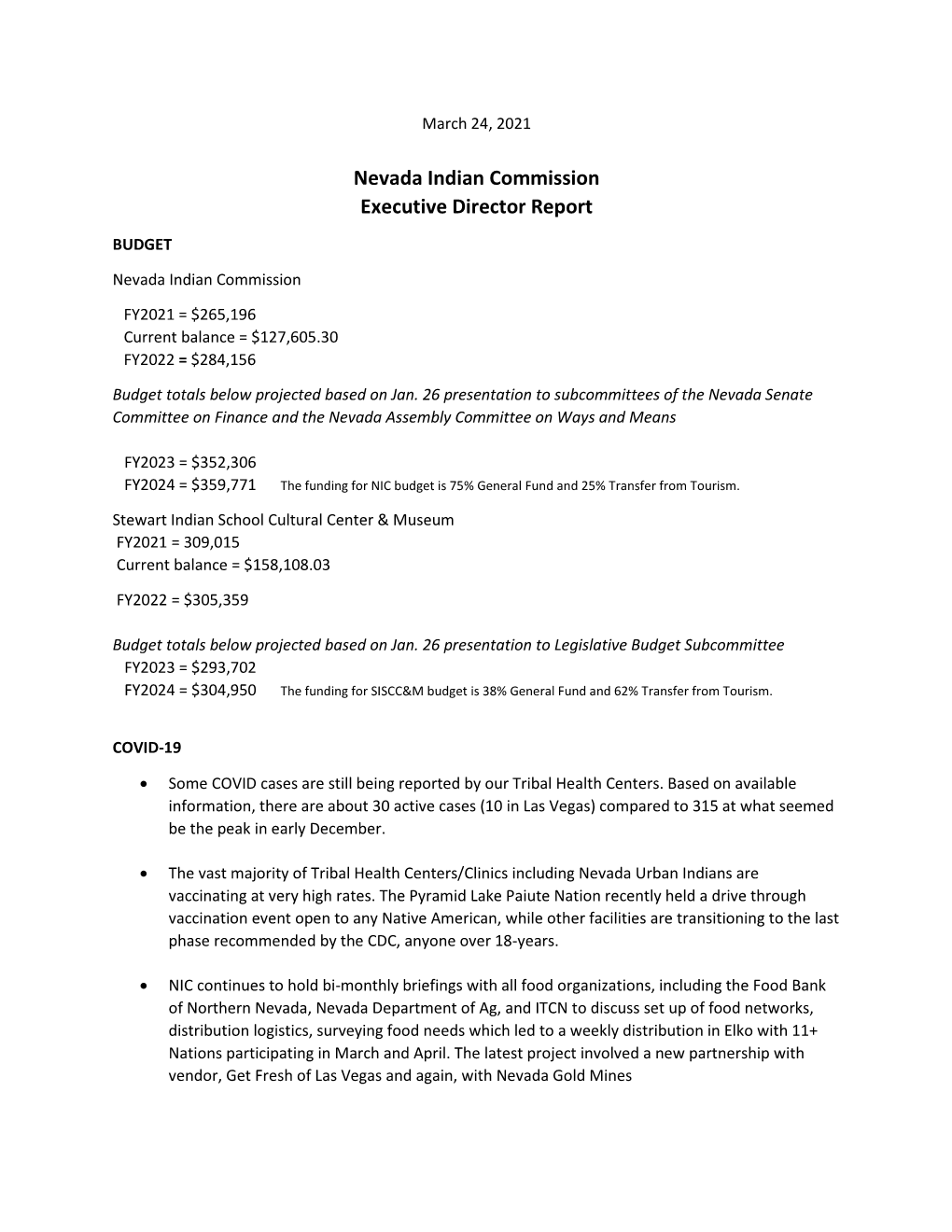 Nevada Indian Commission Executive Director Report