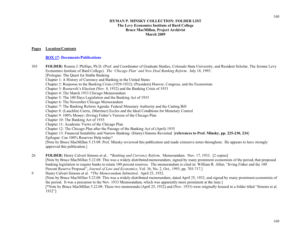 160 HYMAN P. MINSKY COLLECTION: FOLDER LIST the Levy Economics Institute of Bard College Bruce Macmillan, Project Archivist March 2009