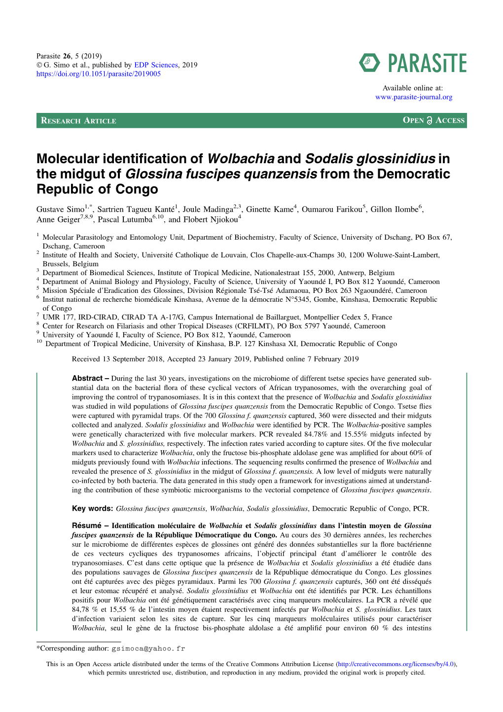 Molecular Identification of Wolbachia and Sodalis Glossinidius in the Midgut of Glossina Fuscipes Quanzensis from the Democratic Republic of Congo