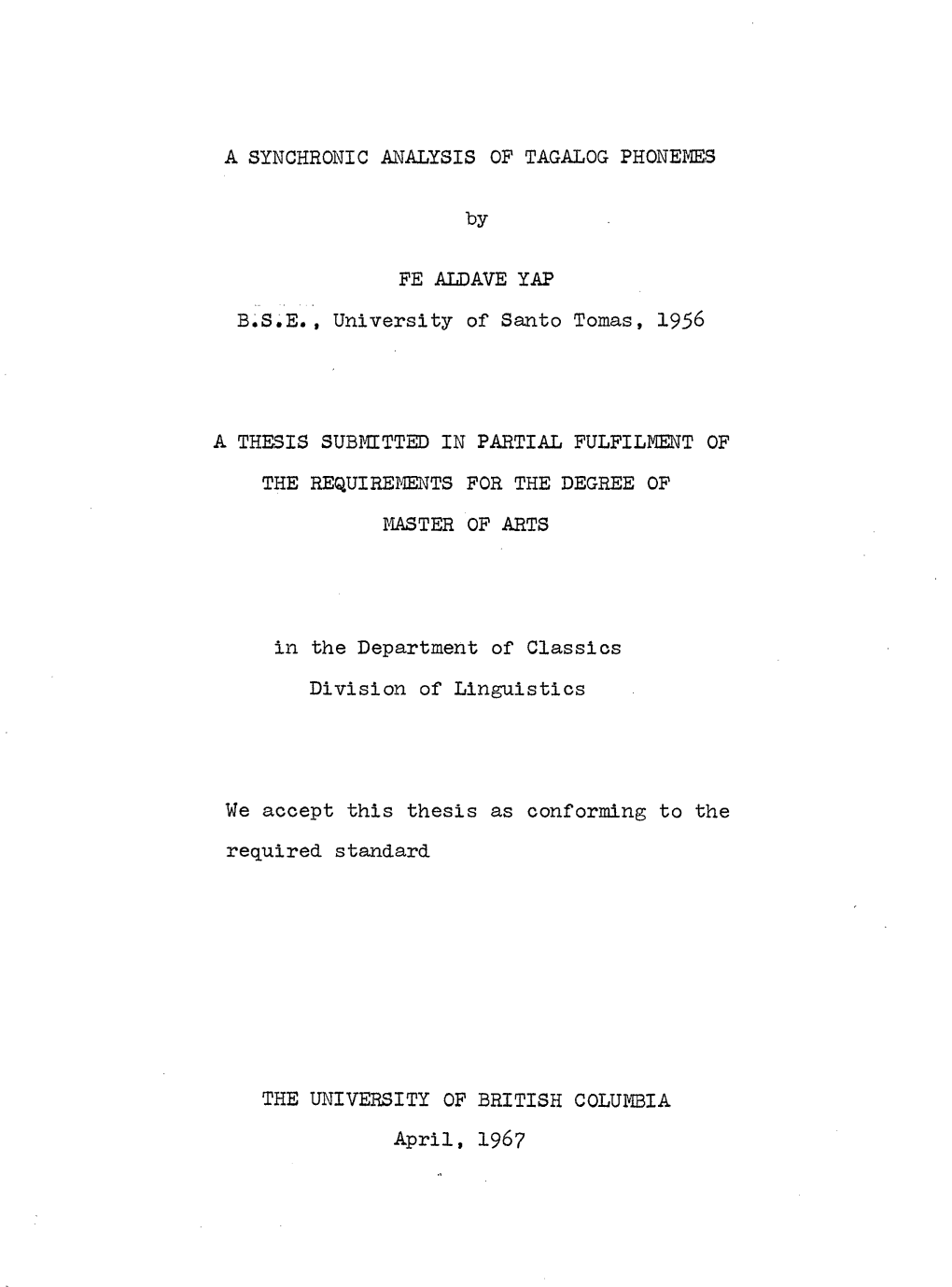 A Synchronic Analysis of Tagalog Phonemes