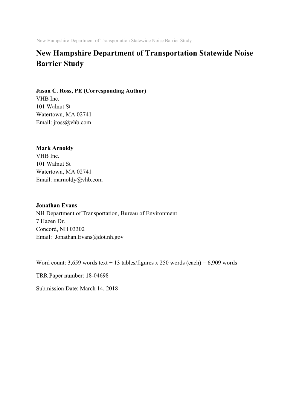 New Hampshire Department of Transportation Statewide Noise Barrier Study