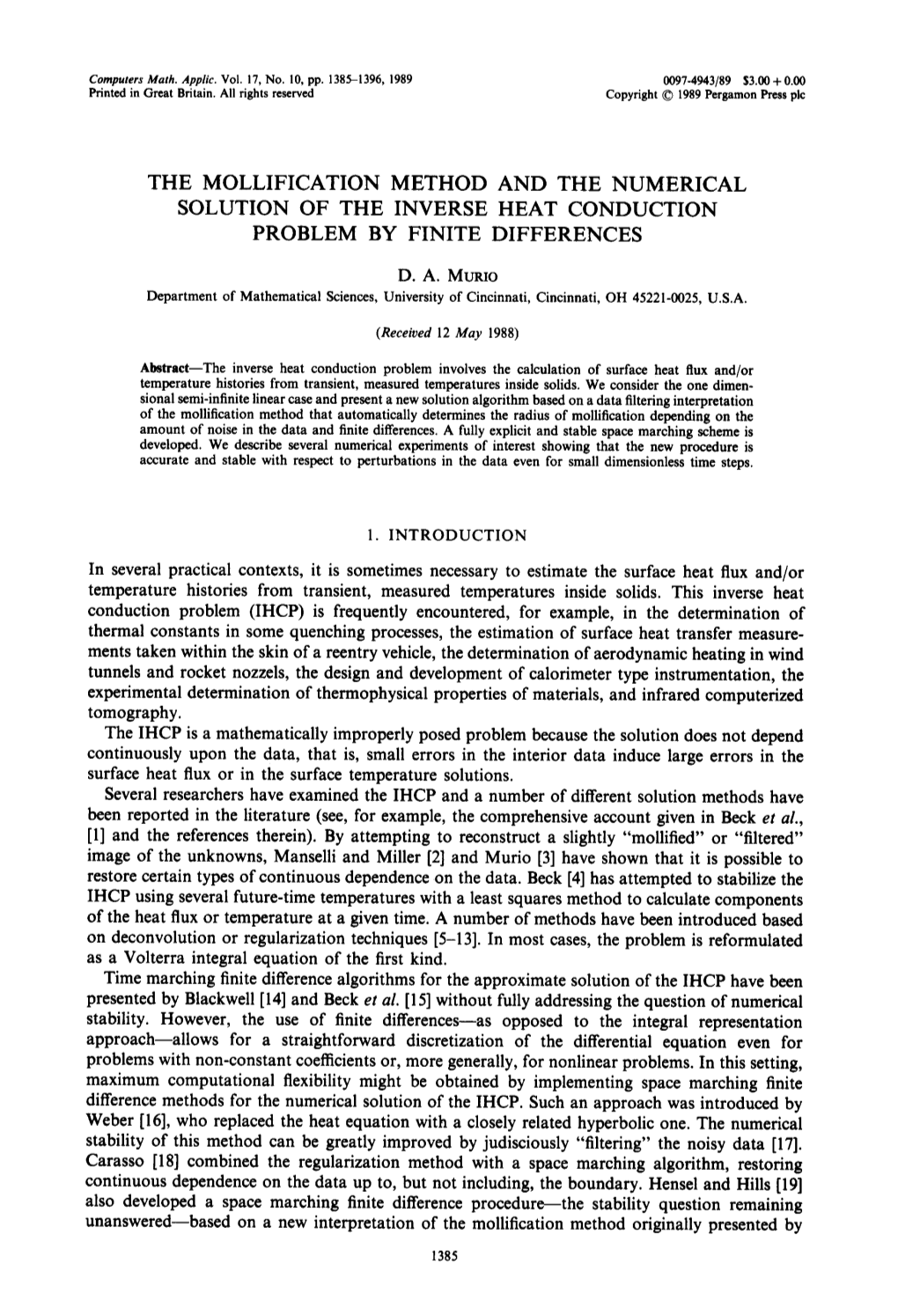 The Mollification Method and the Numerical Solution of the Inverse Heat Conduction Problem by Finite Differences