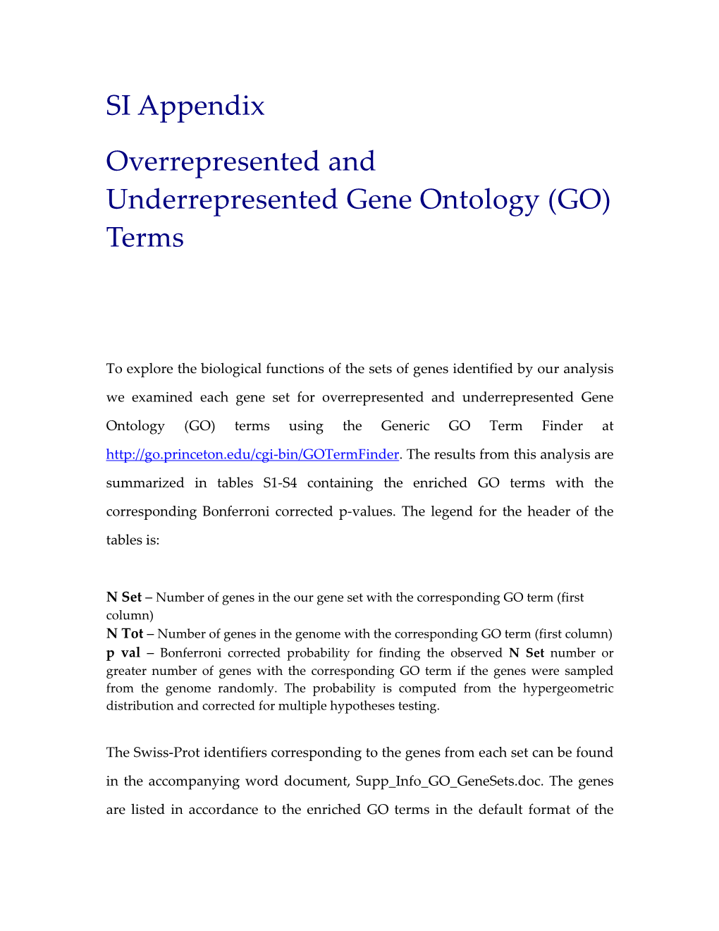 SI Appendix Overrepresented and Underrepresented Gene Ontology (GO) Terms